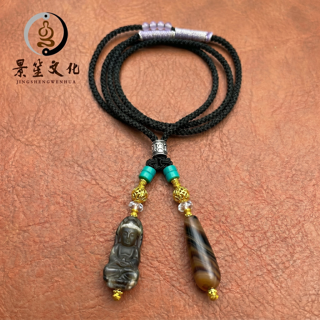 藏式双坠佛头玛瑙编绳项链